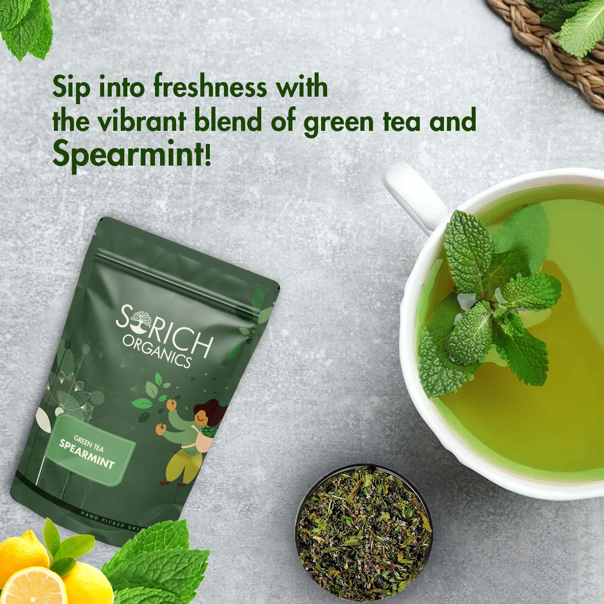 Tea | Spearmint Green Tea – No Added Sugars, Colorants, Artificial Additives, No Added Preservatives & High In Vitamin A, Iron & High In Antioxidants – Sorich Organics – 100gm