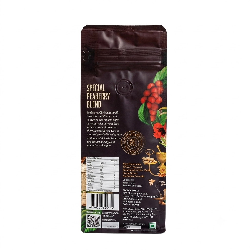 Coffee | Special Peaberry Blend (Mokapot) - Strong and Bold Citrus, Walnuts and Dark Chocolate- Medium Dark Roast Coffee - Ethically Sourced ,Shaded Grown- Motley Brew– 250gm