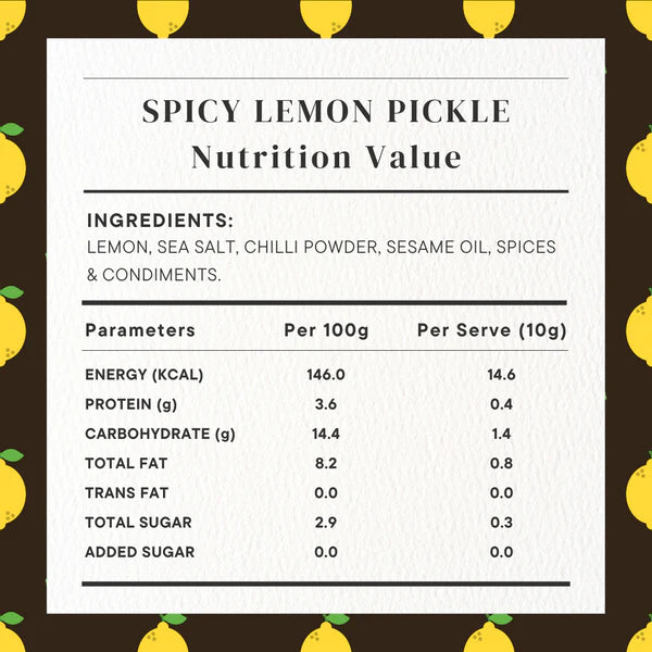 Pickle | Spicy Lemon Pickle (Home Made With Probiotic Goodness) - 100% Natural - Vegan, No Added Colour & No Added Preservatives - Golden Grass - 200gm