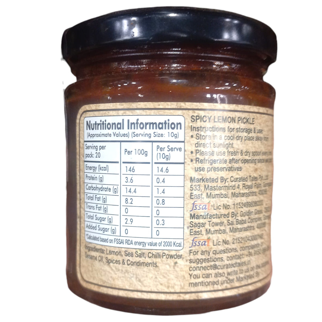 Pickle | Spicy Lemon Pickle (Home Made With Probiotic Goodness) - 100% Natural - Vegan, No Added Colour & No Added Preservatives - Golden Grass - 200gm