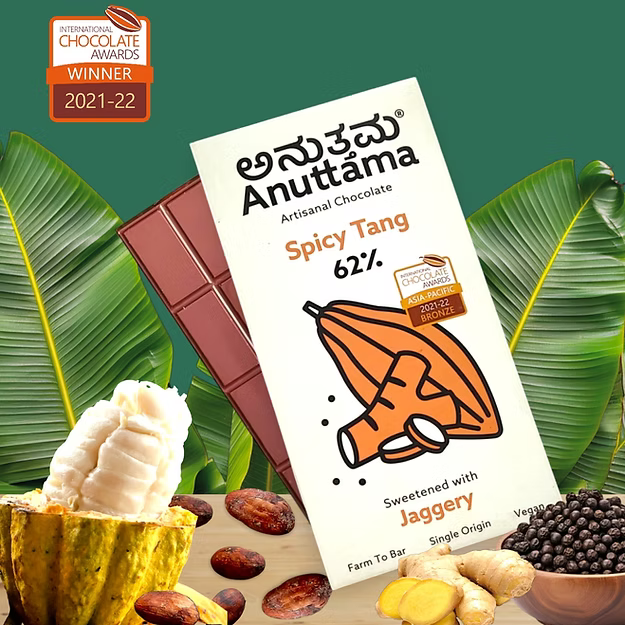 Dark Chocolate | Spicy Tang - 62% Cocoa (Sweetened With Jaggery) - 62% Cocoa - Farm To Bar - Single Origin - Vegan - Anuttama Artisanal Chocolate - 50gm