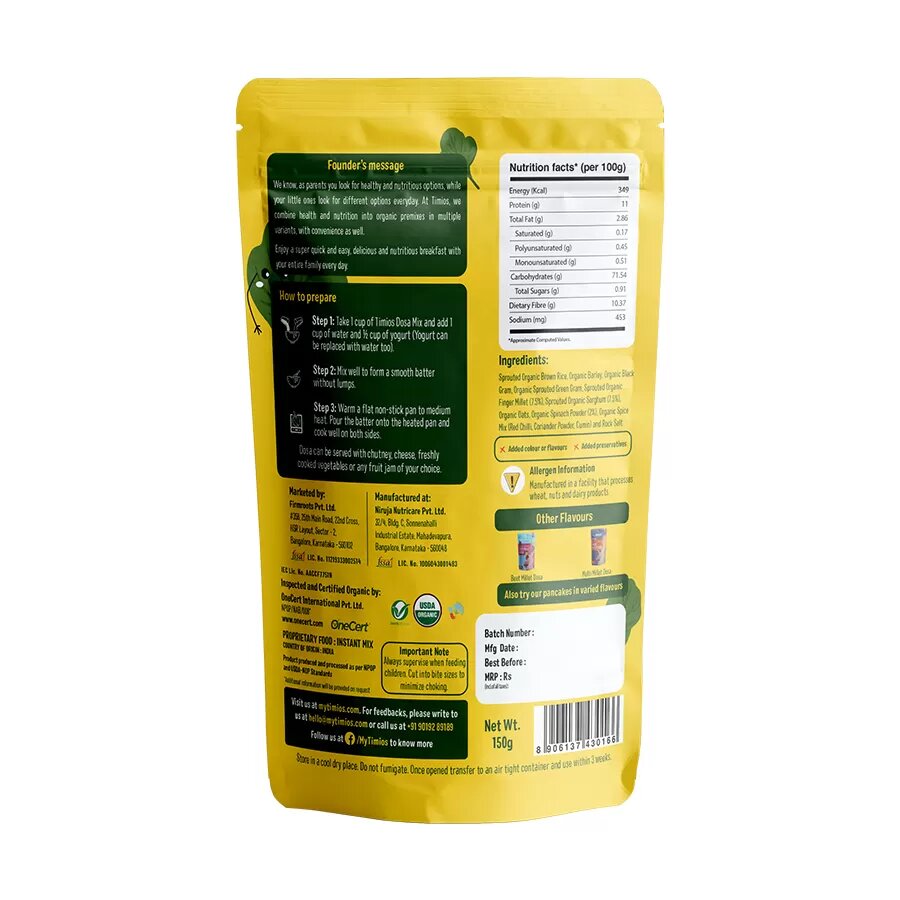 Millet Dosa | Spinach Millet Dosa Mix – Sprouted Nutrition - USDA organic - Timios – 150gm