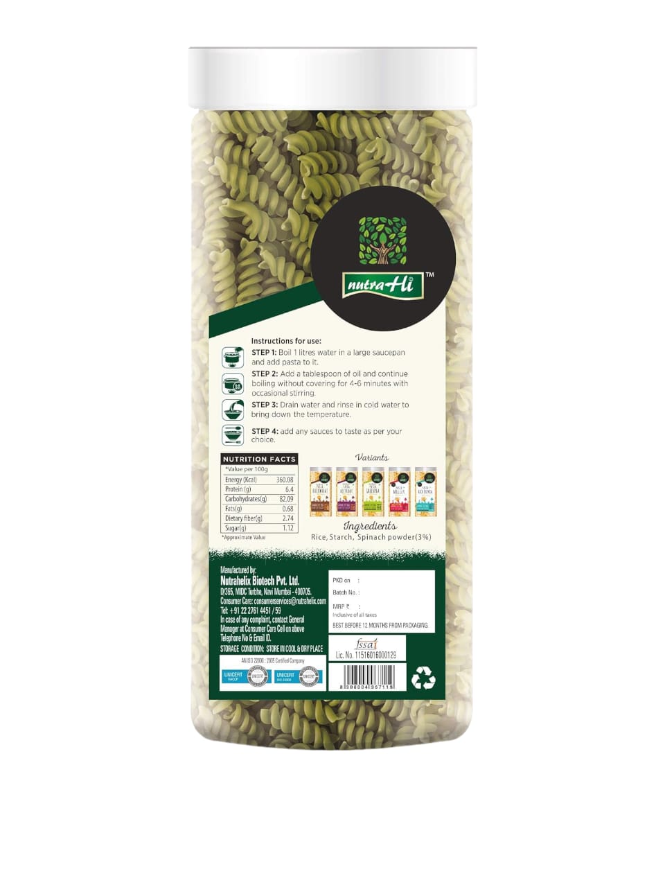 Pasta | Spinach Pasta - Vegan, Gluten Free, No Maida, No Wheat, No Added Color, Flavors & Preservatives Free - NutraHi - 200gm