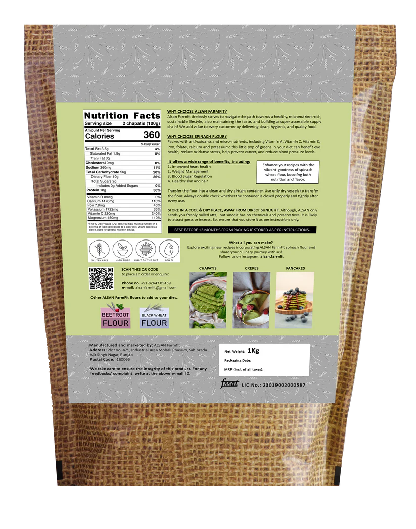 Spinach Flour | (Made With 100% Black Wheat, Jowar, And Dehydrated Spinach) - Sundried - Stone Ground - Gluten Free & No Added Preservatives - Alsan - 500gm