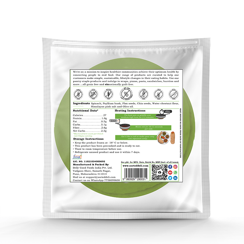 Spinach Roti | Wrap – Tortilla – Vegan, Gluten Free, No Maida, Keto Friendly, Diabetic Friendly & No Additives – Get Sorted – Pack Of 5