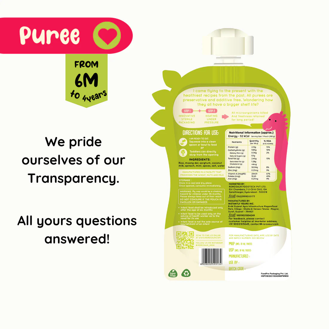 Spinachy Grains Puree | Rice, Moong Dal, Spinach, Mint (17 Micronutrient For Infants) - No Added Yuckies & No Added Sugar – rorosaur – 100gm