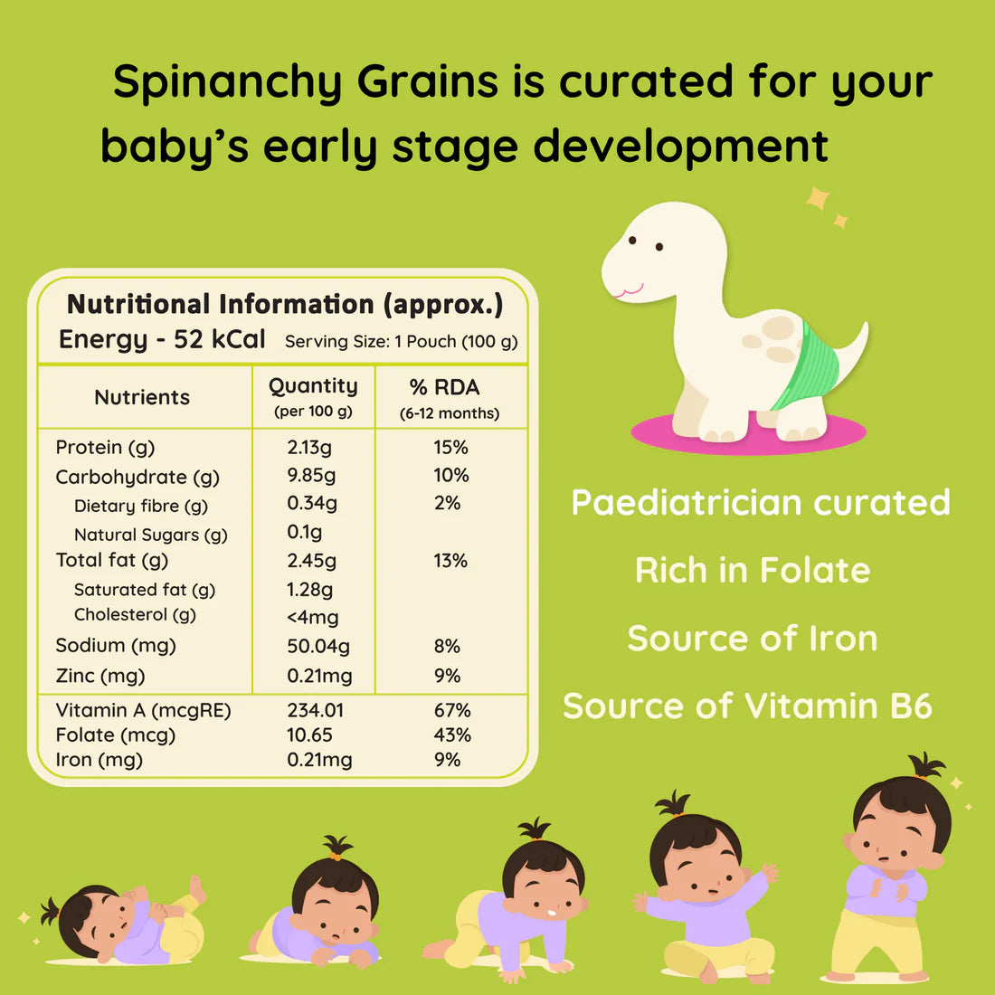 Spinachy Grains Puree | Rice, Moong Dal, Spinach, Mint (17 Micronutrient For Infants) - No Added Yuckies & No Added Sugar – rorosaur – 100gm