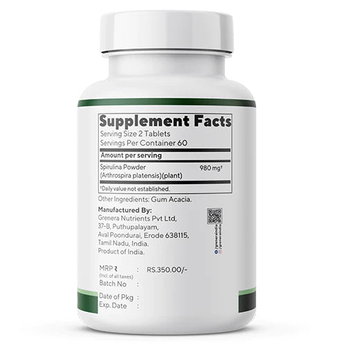 Spirulina | Natural - Vegan, Gluten Free, Non Gmo, Preservatives Free & No Additives - Grenera – 120 Tablets