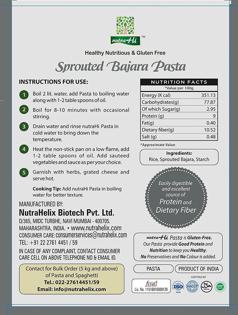 Sprouted Bajra Pasta – Vegan, Gluten Free, High In Protein & Rich In Fiber - NutraHi – 250gm