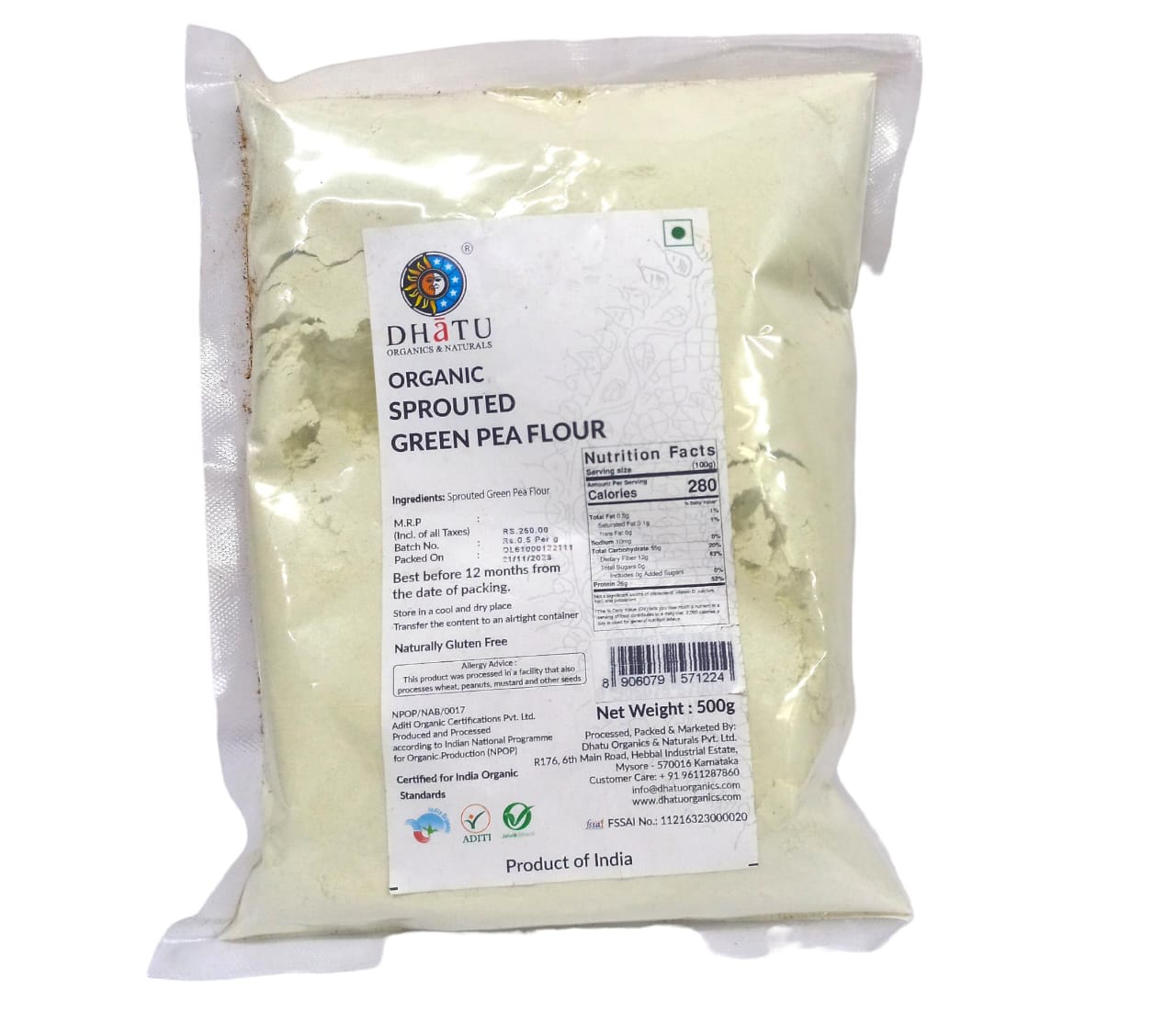 Sprouted Green Pea Flour - USDA Organic - Naturally Gluten Free - High Protein & Diabetic Friendly - Dhatu Organic - 500gm