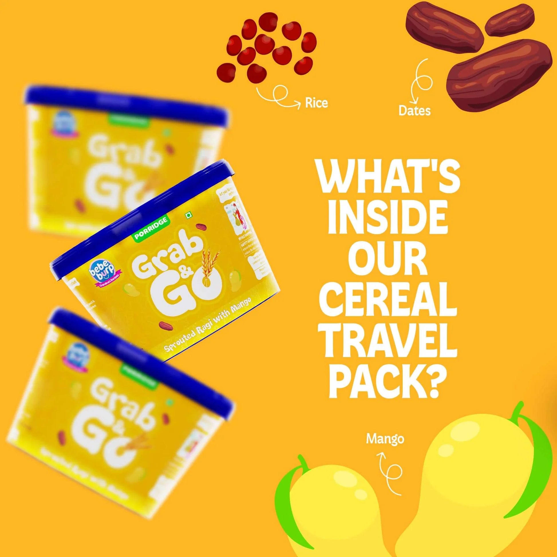 Porridge | Grab & Go (Sprouted Ragi With Mango) - Natural Food - No Sugar ,No Salt - No Artificial Preservatives & Flavours - Bebe Burp- 30gm