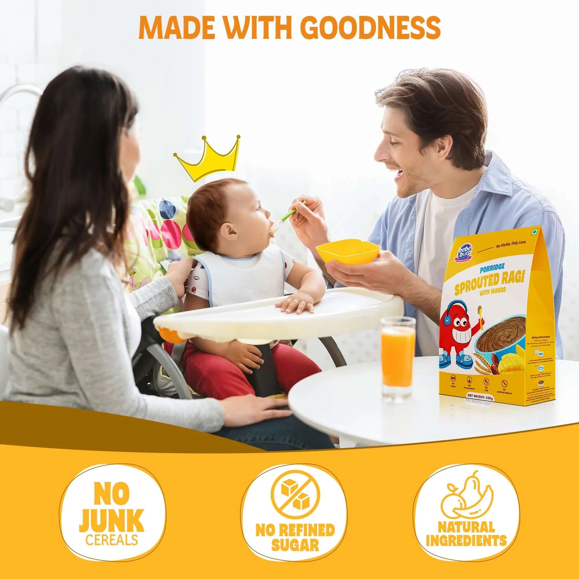 Porridge | Sprouted Ragi Mango Porridge Mix - Healthy Baby Porridge - Natural Food - No Sugar , No Salt - No Artificial Preservatives & Flavours - Bebe Burp- 200gm