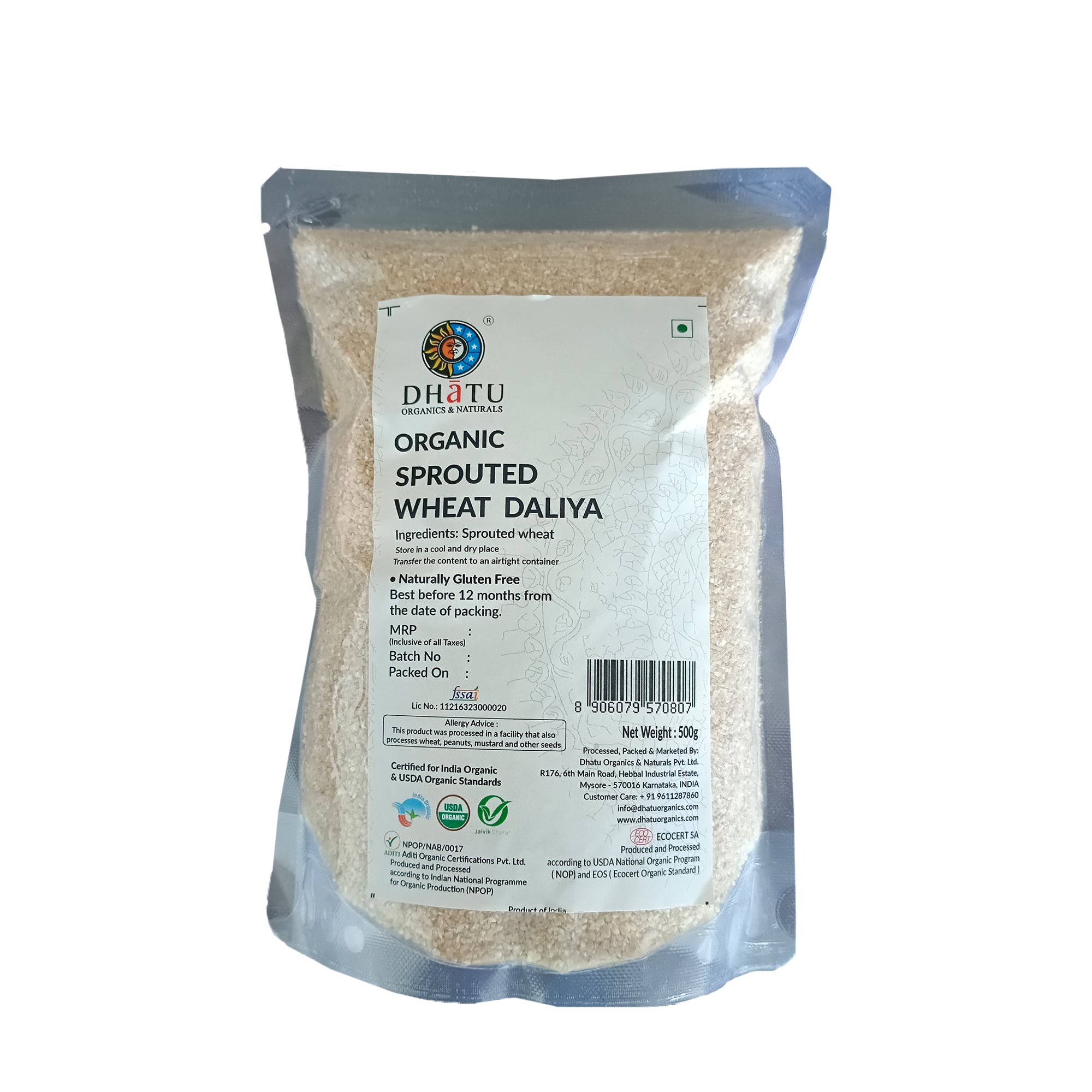Sprouted Wheat Daliya (Broken Wheat) - USDA Organic - Naturally Gluten Free - Dhatu Organics – 500gm
