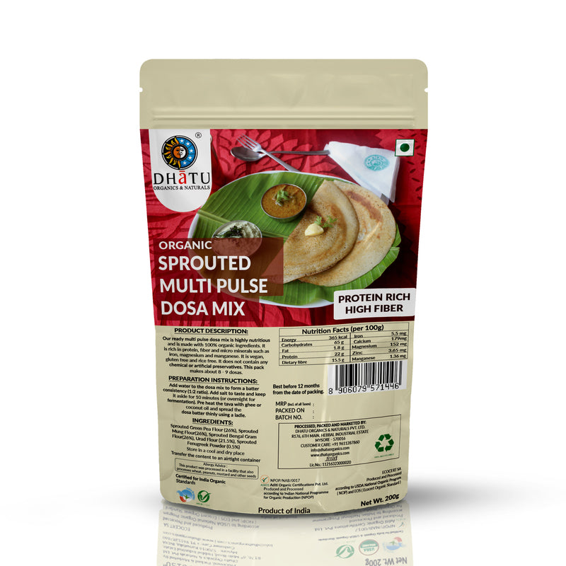 Dosa Mix | Sprouted Multi Pulse Dosa Mix - HIgh in Protein & Fiber - Dhatu Organics - 200gm