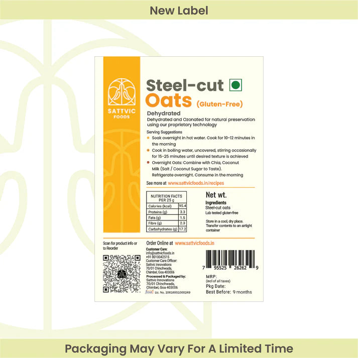 Steel Cut Oats - Gluten Free - Sattvic Foods - 500gm