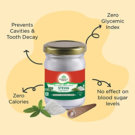 Stevia Powder | Natural Sweetener (Made From The Leaves Of The Stevia Rebaudiana Plant) - Natural - Zero Calories & Sugar Free - Organic India - 75gm
