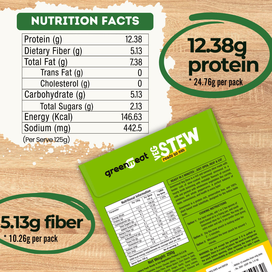 Veg Stew -Vegetarian & Dairy Free - Easy To Cook. Ready To Eat - Heigh Protein, Rich Fibers – No Added Preservatives, No Cholestrol, No Trans Fat –Greenmeat – (2 Serving) – 250gm
