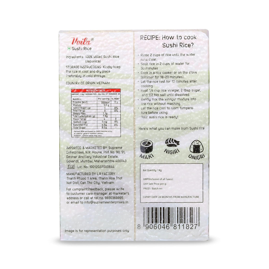 Sushi Rice | Short Grain Japanese Rice - Sticky Rice for Sushi - Voila - 1000gm