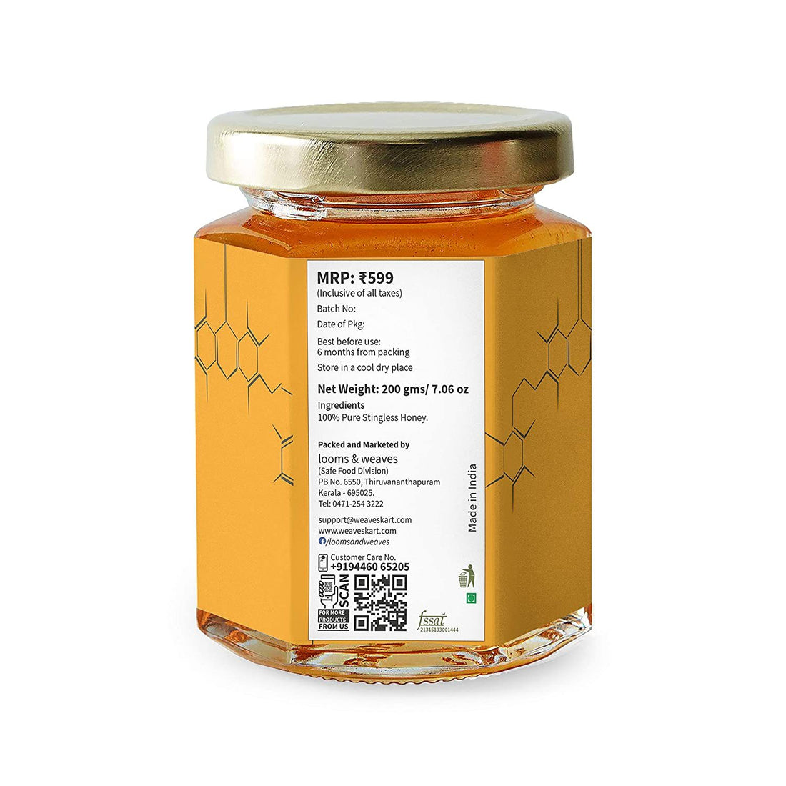 Honey | Stingless Honey (Small Bee) - 100% Pure - No Added Artificial Colours, Flavours & No Added Preservatives- Looms And Weaves - 200gm