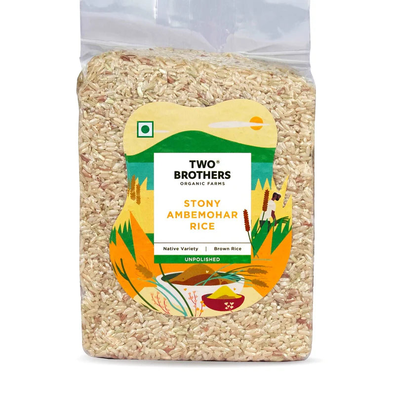 Rice | Stony Ambemohar Brown Rice - Unpolished - Natural - Indian - Gluten Free & Source Of Fibre - Two Brothers - 1000gm