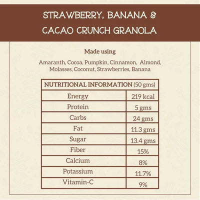 Granola | Strawberry, Banana & Cacao Crunch Granola - Vegan, Gluten Free, PCOS Friendly, Refined Sugar Free, Flour Free & No Added Preservatives - The Cinnamon Kitchen - 175gm