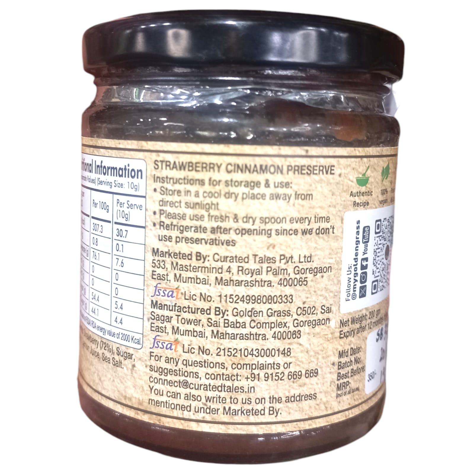 Chutney | Strawberry Chutney - 100% Natural - Vegan, No Added Colour & No Added Preservatives - Golden Grass - 200gm