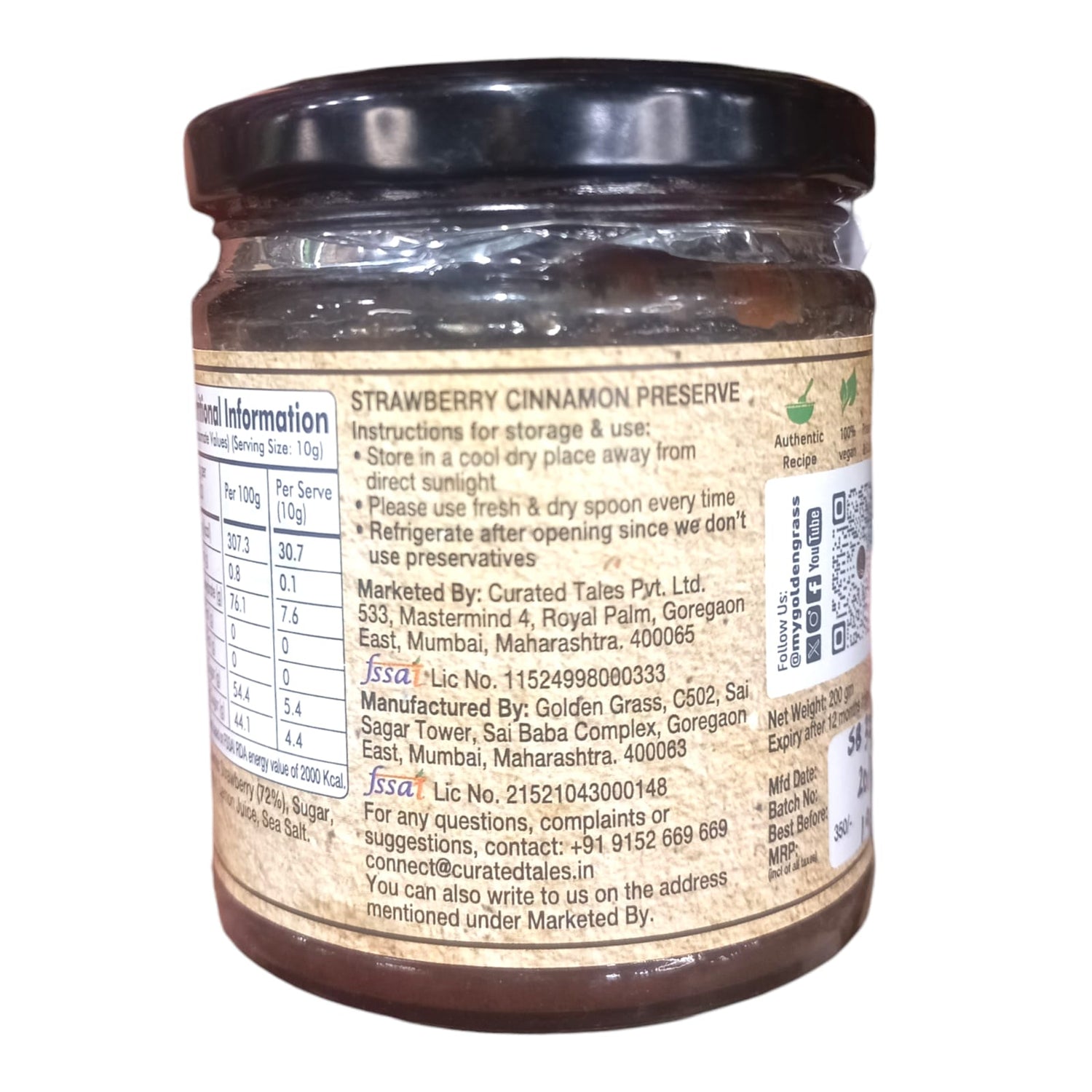 Preserve | Strawberry Cinnamon Preserve - 100% Natural - Vegan, No Added Colour & No Added Preservatives - Golden Grass - 200gm