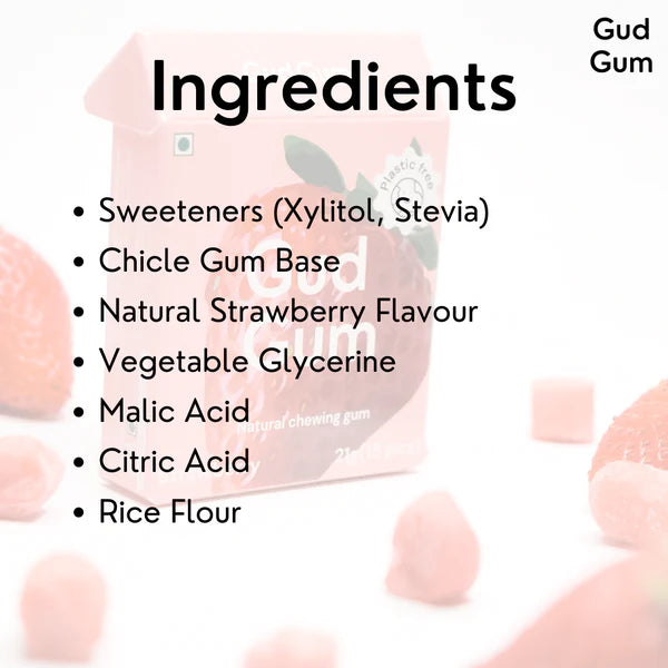 British Strawberry Chewing Gum - Sweet - 15 Pieces Per Pack - Natural - Indian - Vegan, Sugar Free & Plastic Free - Gud Gum - 21gm