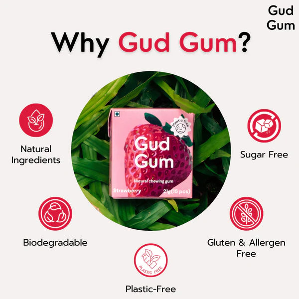 British Strawberry Chewing Gum - Sweet - 15 Pieces Per Pack - Natural - Indian - Vegan, Sugar Free & Plastic Free - Gud Gum - 21gm