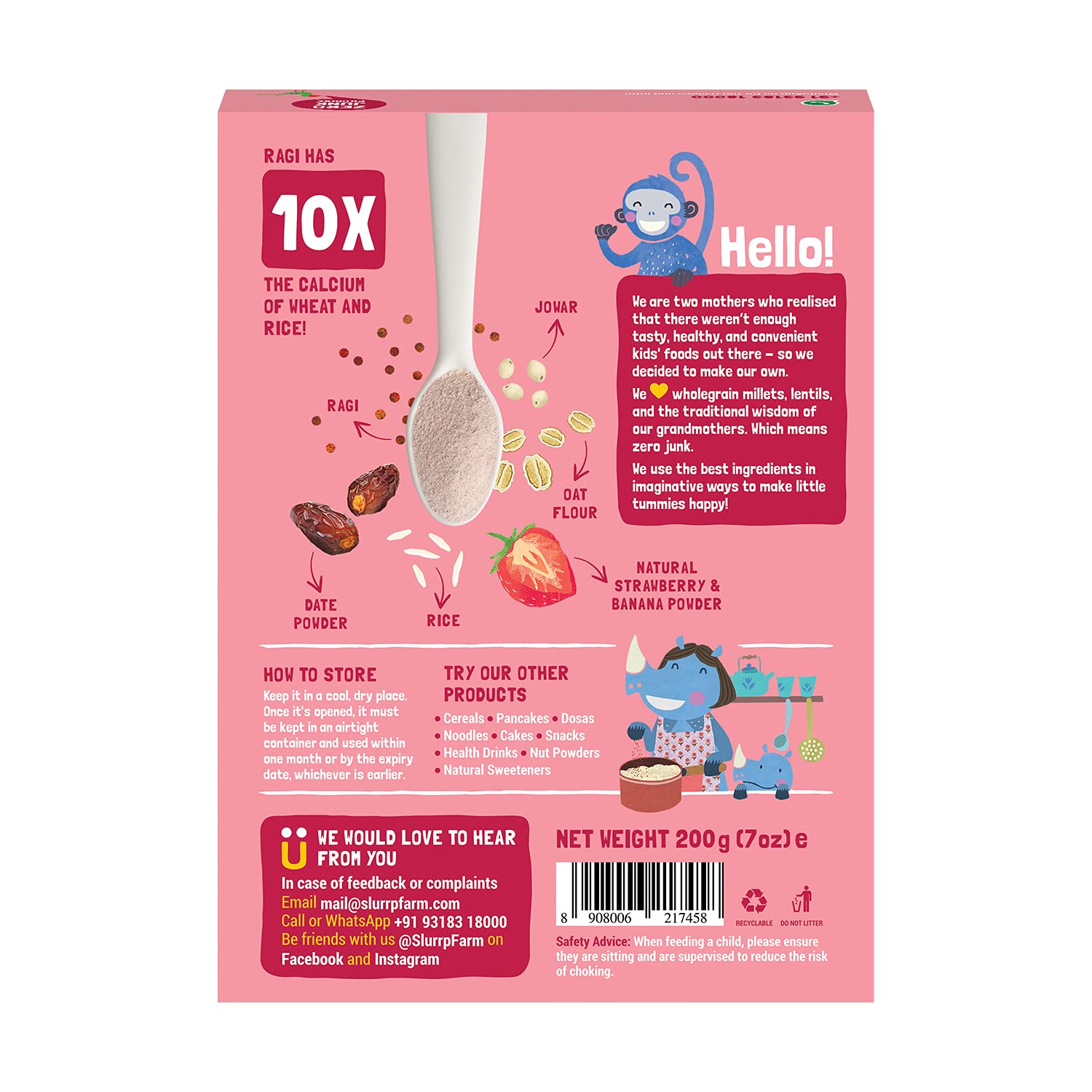 Cereal | Organic Cereal Ragi, Rice & Strawberry With Milk - No Refined Sugar, No Maida & No Salt - Slurrp Farm - 200gm