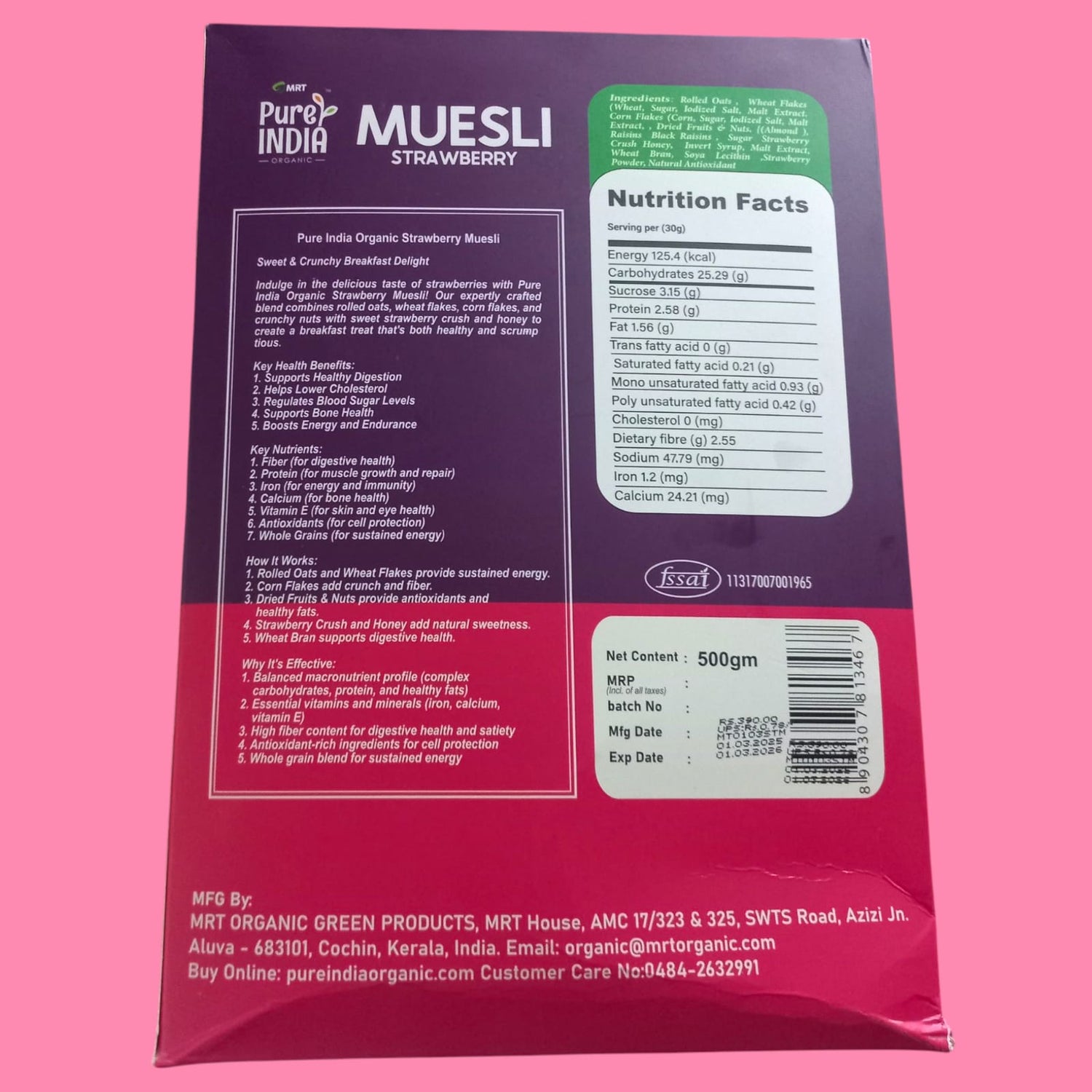 Muesli | Strawberry Muesli – Supports Bone Health – High In Antioxidant And Whole Grain & No Added Preservatives – Mrt Organic – 500gm