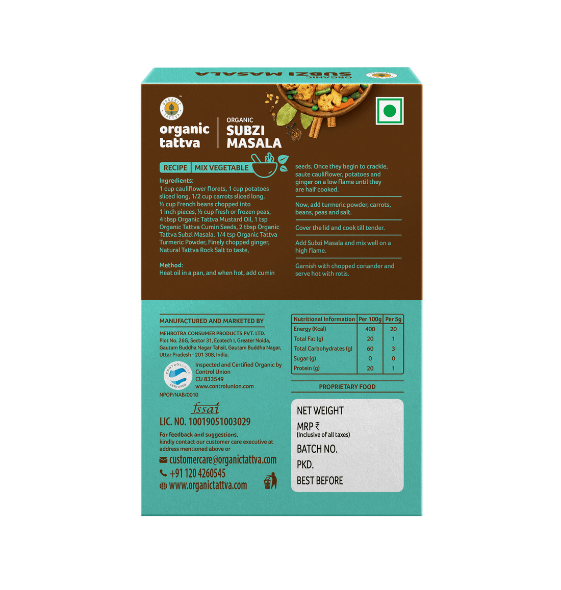 Subji Masala - USDA Organic - Vegan, Delicious All Purpose Spice, Mix For Vegetable Preparations - Organic Tattva – 100gm