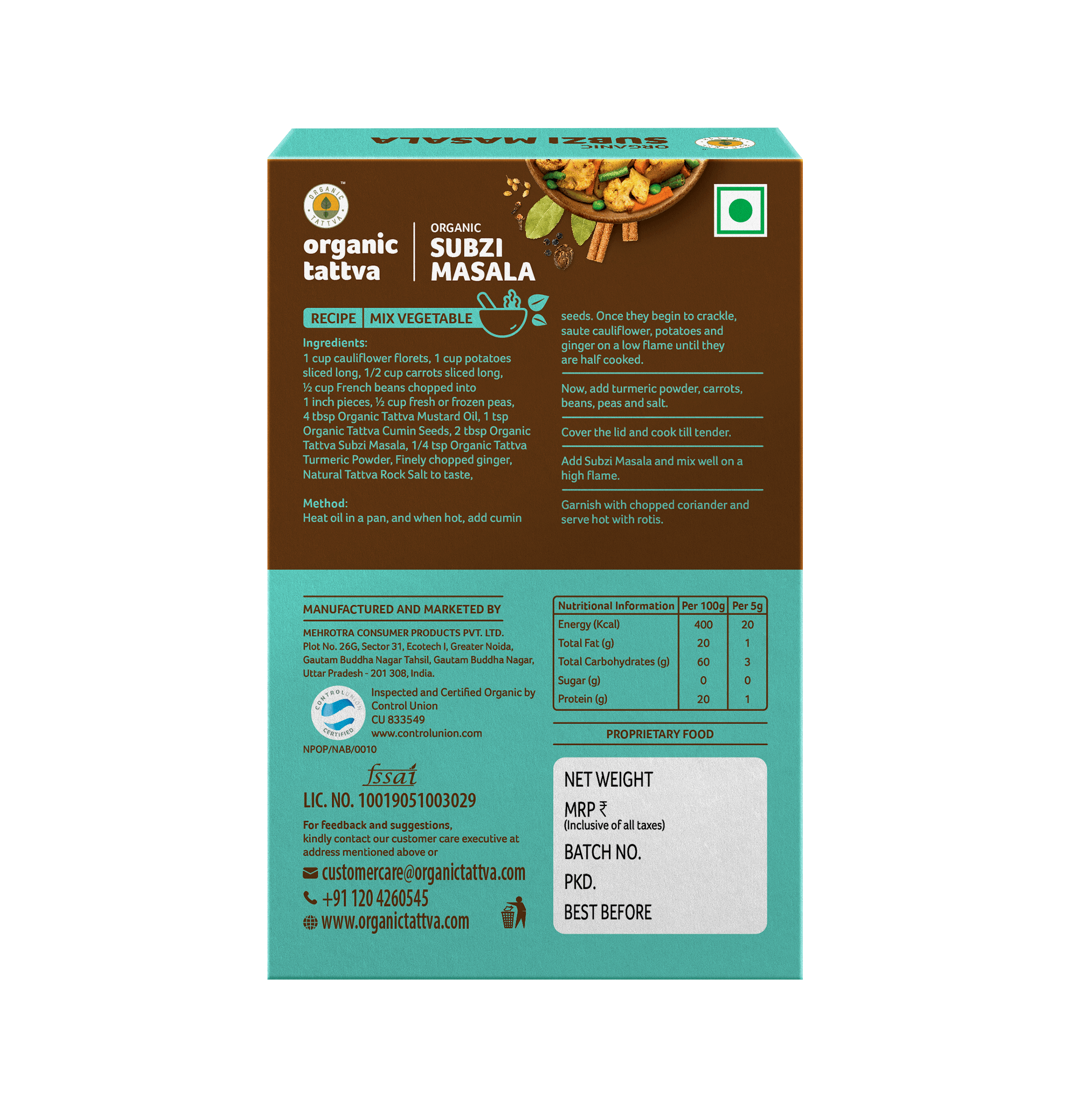 Subji Masala - USDA Organic - Vegan, Delicious All Purpose Spice, Mix For Vegetable Preparations - Organic Tattva – 100gm