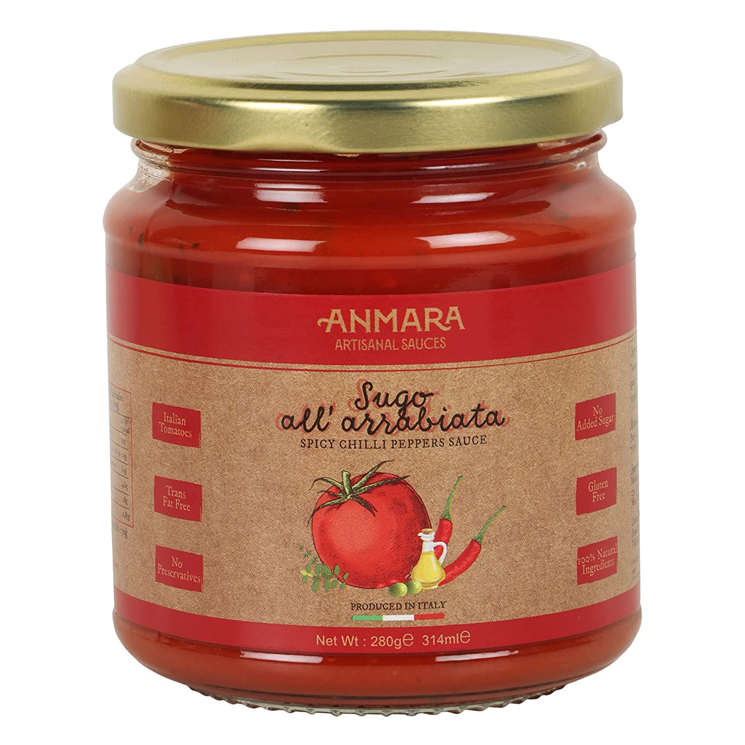 Pasta Sauce | Sugo All Arrabiata (Spicy Chilli Peppers Sauce) – Natural - Italy - Gluten Free, No Added Sugar & Fat Free - Anmara – 280gm