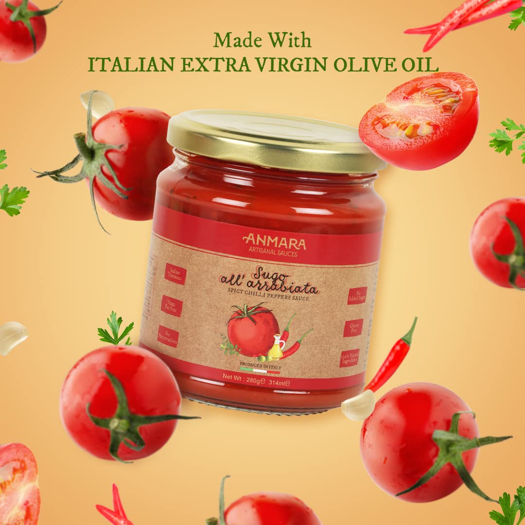 Pasta Sauce | Sugo All Arrabiata (Spicy Chilli Peppers Sauce) – Natural - Italy - Gluten Free, No Added Sugar & Fat Free - Anmara – 280gm