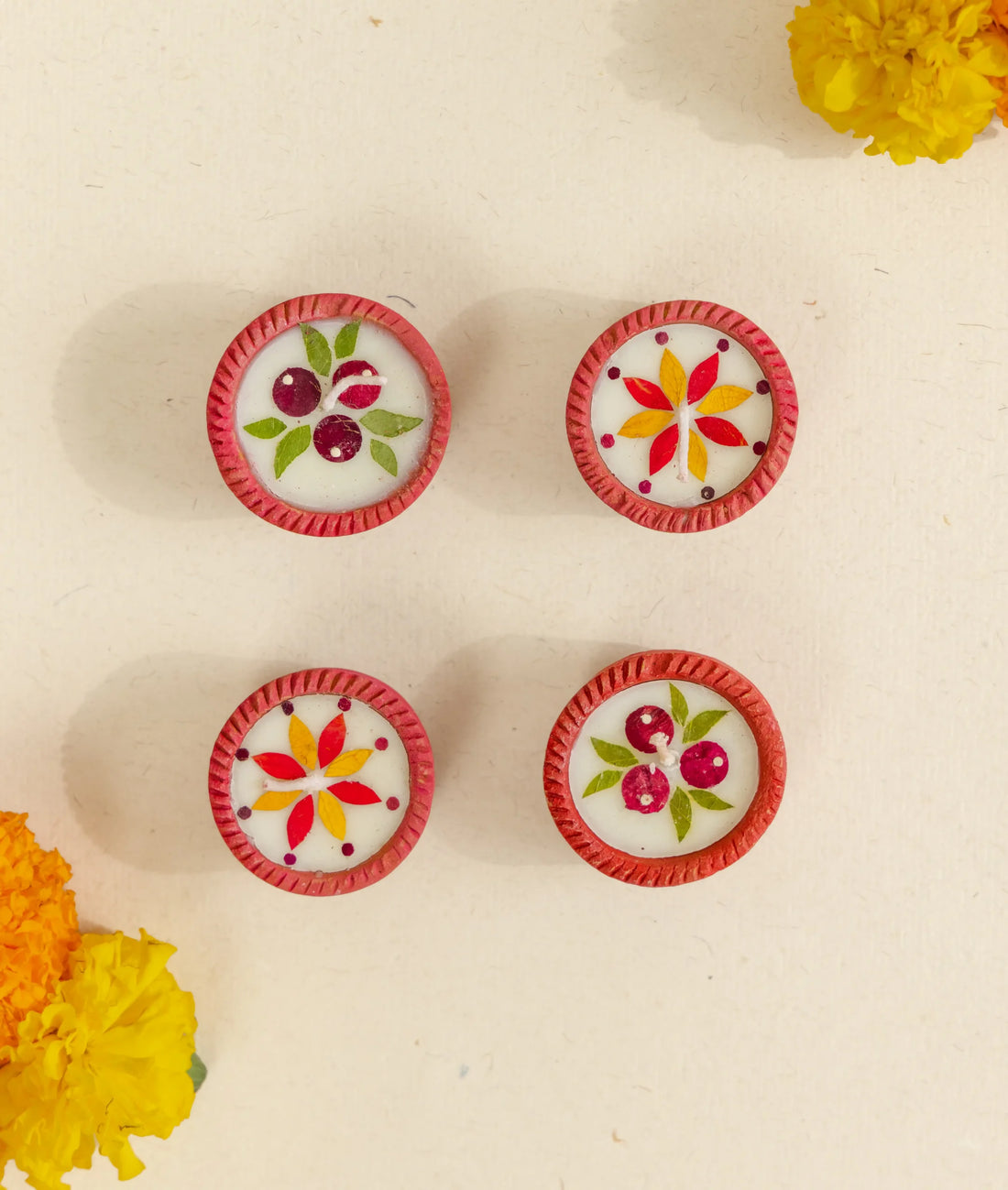 Diya | Summer Dance Diya - Handcrafted – Eco Friendly Soy Wax, No Chemical & No Harmful Fumes – Nature’s Soul - Set of 4 (5 × 5 × 2.5 cm)