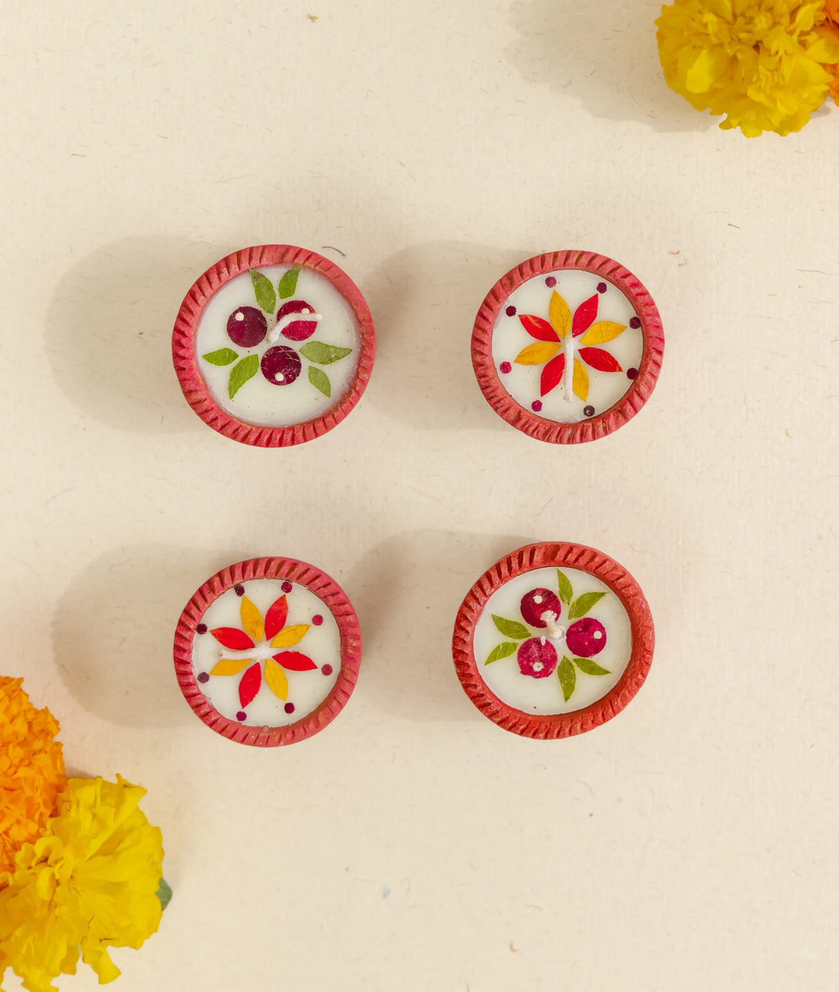Diya | Summer Dance Diya - Handcrafted – Eco Friendly Soy Wax, No Chemical & No Harmful Fumes – Nature’s Soul - Set of 4 (5 × 5 × 2.5 cm)