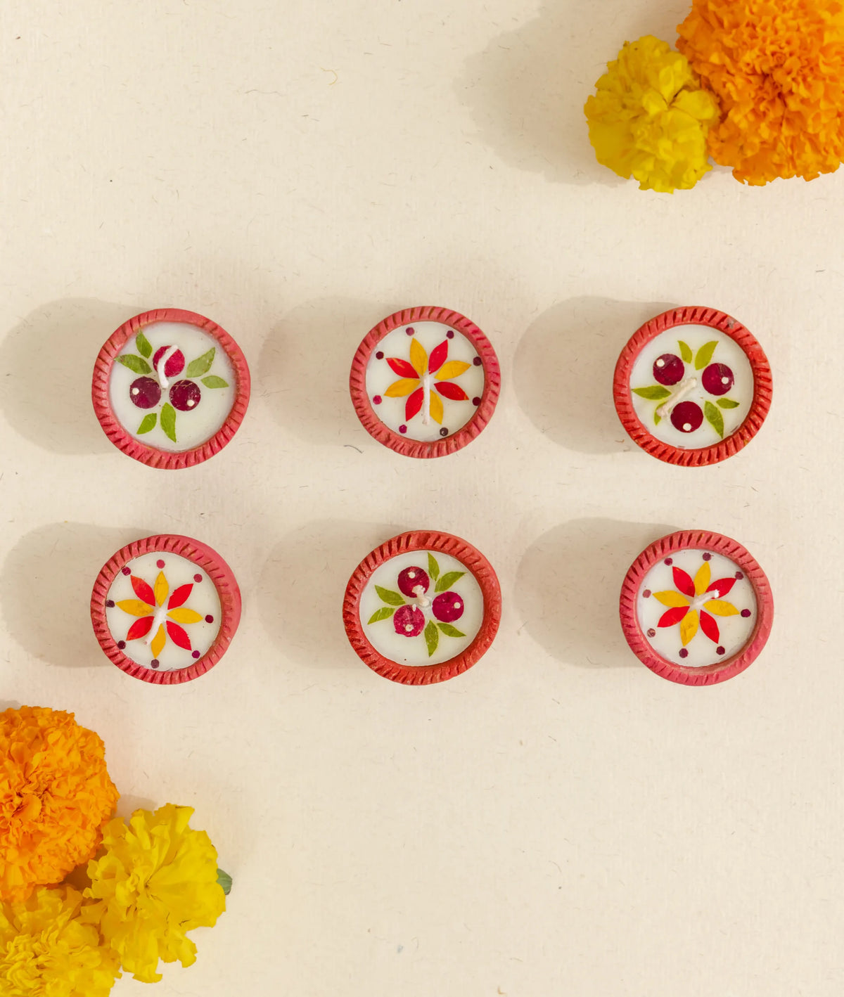 Diya | Summer Dance Diya - Handcrafted – Eco Friendly Soy Wax, No Chemical & No Harmful Fumes – Nature’s Soul - Set of 6 (5 × 5 × 2.5 cm)