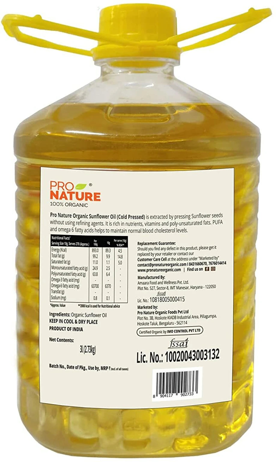 Sunflower Oil - Cold Pressed - Organic Certification Process - Pro Nature - 3000ml