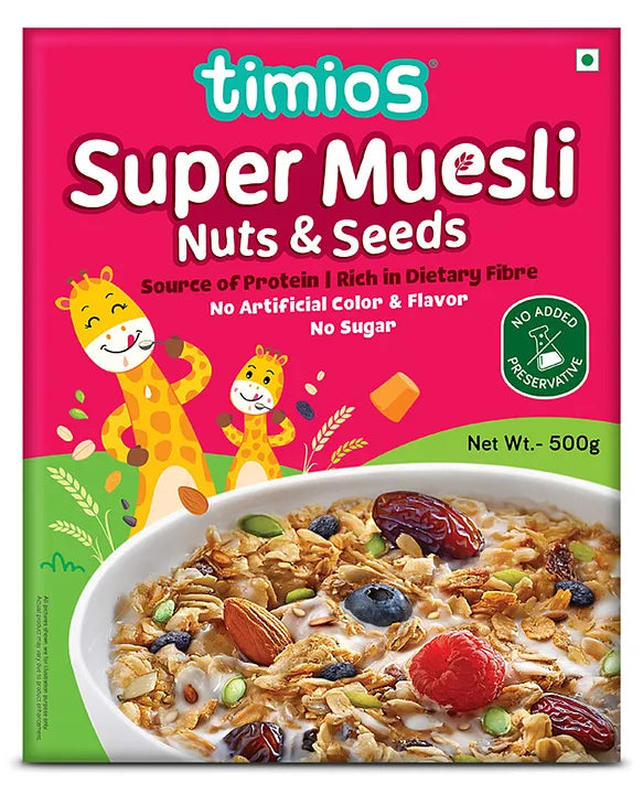 Muesli | Seeds & Nuts Super Muesli -Rich in Dietary Fibre - No Added Sugar - No Artificial Colors or Flavors - No Preservatives – Timios- 500gm