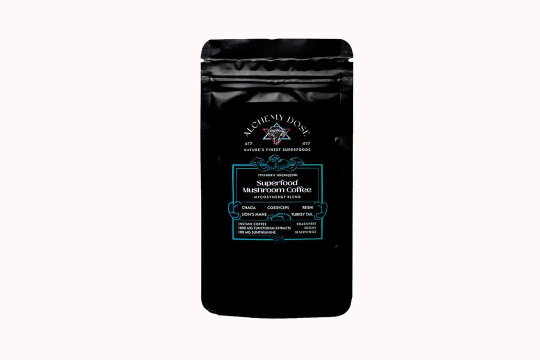 Super Food Mushroom Coffee | (Instant Coffee + Suntheanine) - Vegan, Gluten Free, Cholesterol Free, Soy Free & Peanut Free - Alchemy Dose - 30gm