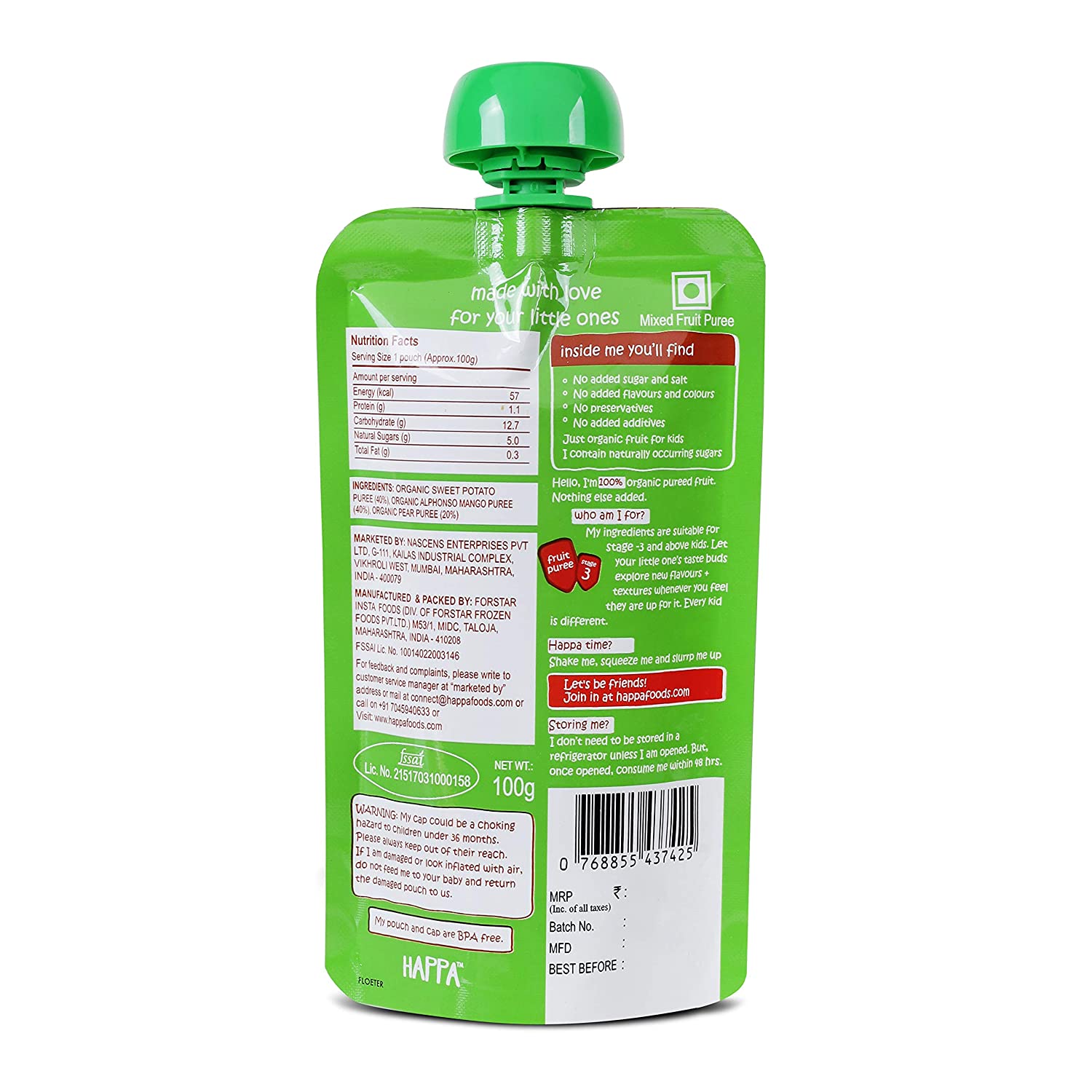 Puree | Sweet Potatoes, Mangoes & Pears Puree - Vegan, Gluten Free, No Added Sugar, No Salt, No Added Flavours, Colours & No Added Preservatives – Happa – 100gm