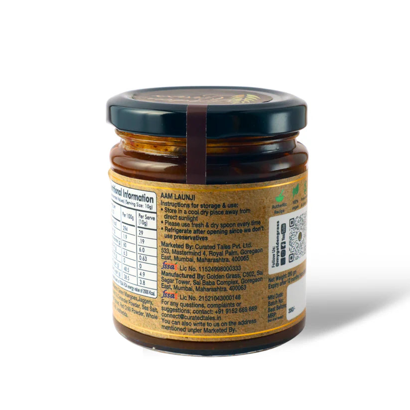 Spread | Sweet Sour Mango Relish - 100% Natural - Vegan, No Added Colours, Preservatives & No Refined Sugar - Golden Grass - 200gm