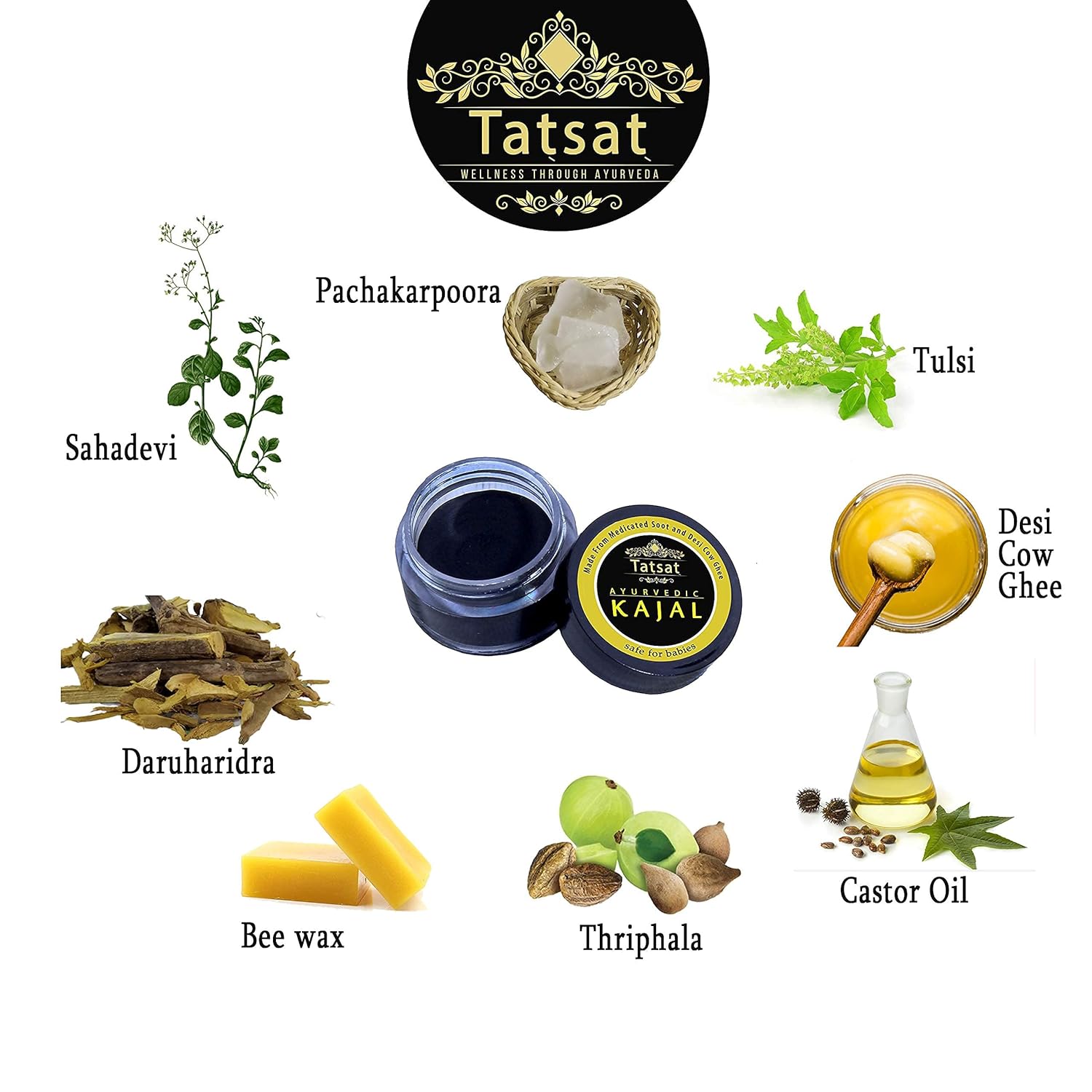 Kajal Pencil | Ayurvedic (Made From Dedicated Soot & Desi Cow Ghee) – Natural – Cruelty Free, Preservative Free, No Mineral Colors & Parabens – Tatsat – 3gm