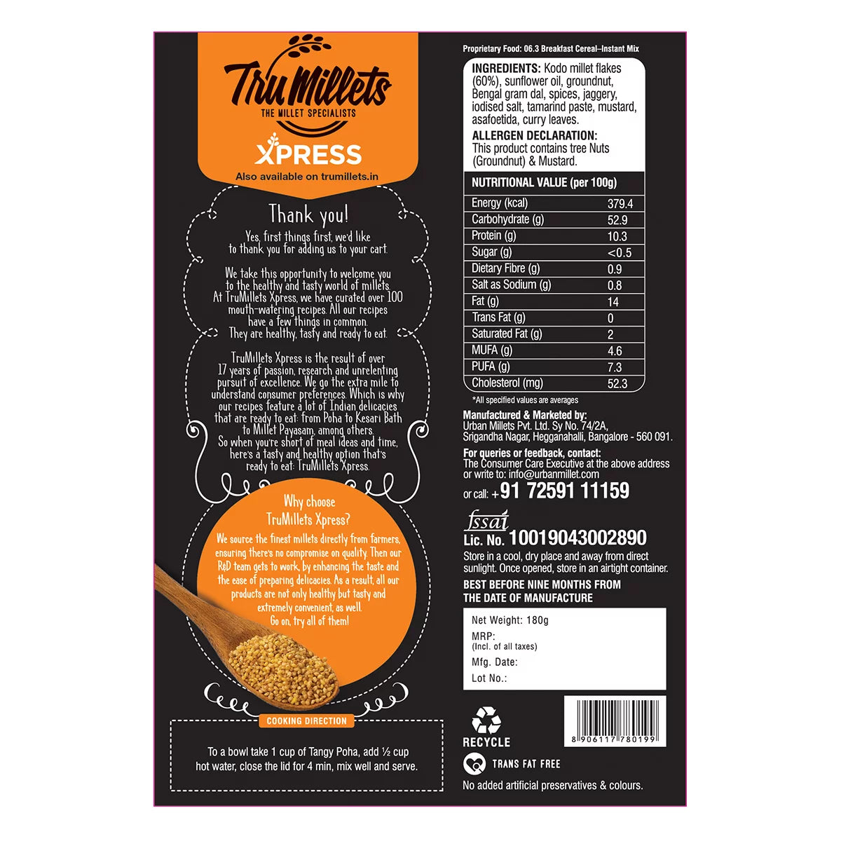 Tangy Poha - 60% Millet – Natural – Indian - Gluten Free, Rich Source Of Protein, Iron, Calcium & Trans Fat Free - TruMillets - 180gm