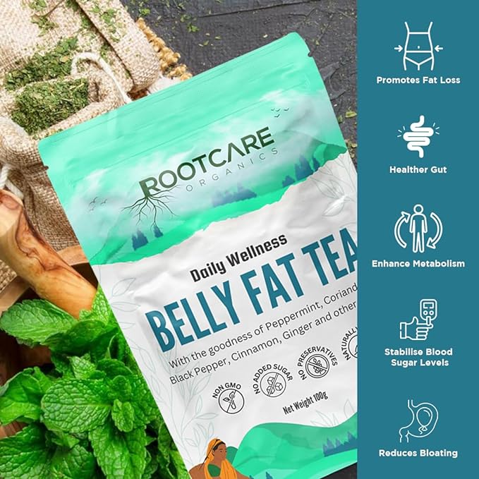 Tea | Belly Fat (With The Goodness Of Peppermint, Coriander, Black Pepper, Cinnamon, Ginger & Other Herbs) - Healthy Gut - Enhance Metabolism - Naturally Grown - Non Gmo, No Added Sugar & Preservatives Free - Root Care Organics - 100gm