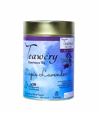 Tea | Lapis Lavender (Blend Of Soothing Lavender Buds & Blue Butterfly Pea Flower) - Natural - Caffeine Free & Non Toxic - Tassyam Organics - 20 Biodegradable Tea Bags
