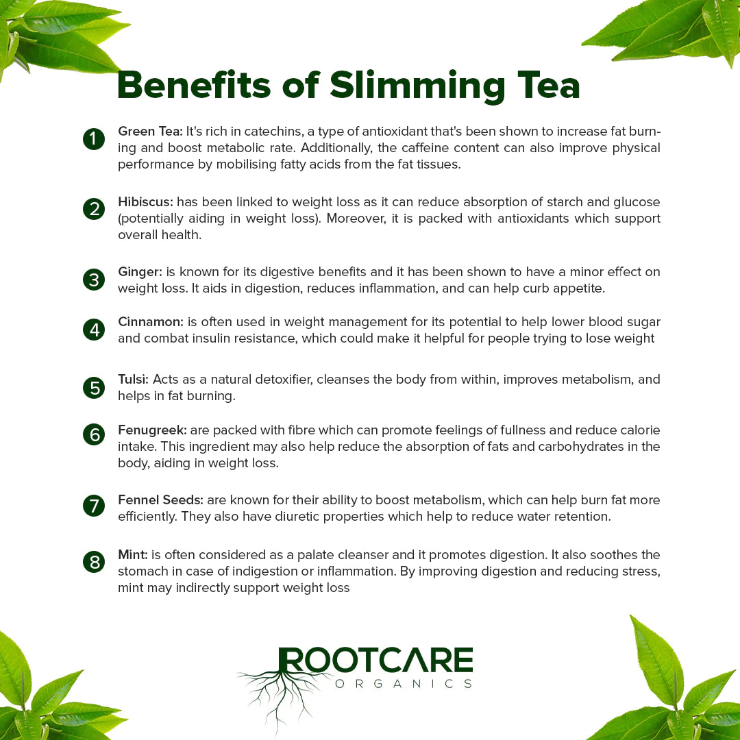 Tea | Slimming (With The Goodness Of Green Tea, Hibiscus, Ginger, Cinnamon, And Others Herbs) - Naturally Grown - No Added Sugar ,Preservatives, Non Gmo & No Artificial Colors – Root Care Organics – 100gm