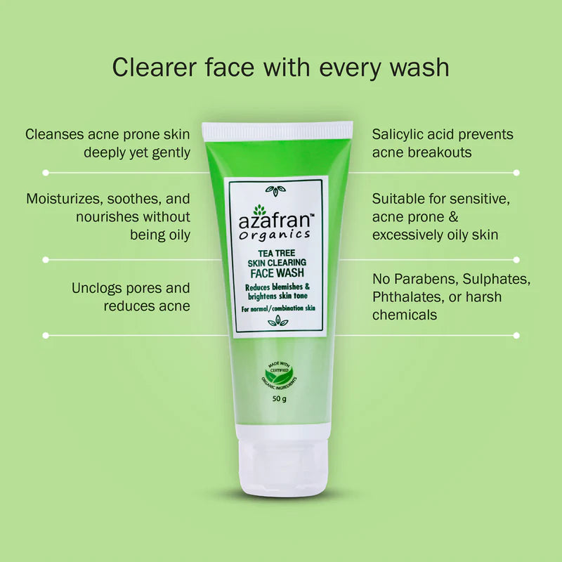 Face Wash | Tea Tree Skin Clearing Face Wash (Made With Certified Organic Ingredients) - Reduces Blemishes & Brightens Skin Tone - For Normal And Combination Skin - Vegan, Cruelty Free, Paraben Free & Sulphate Free - Azafran – 100gm