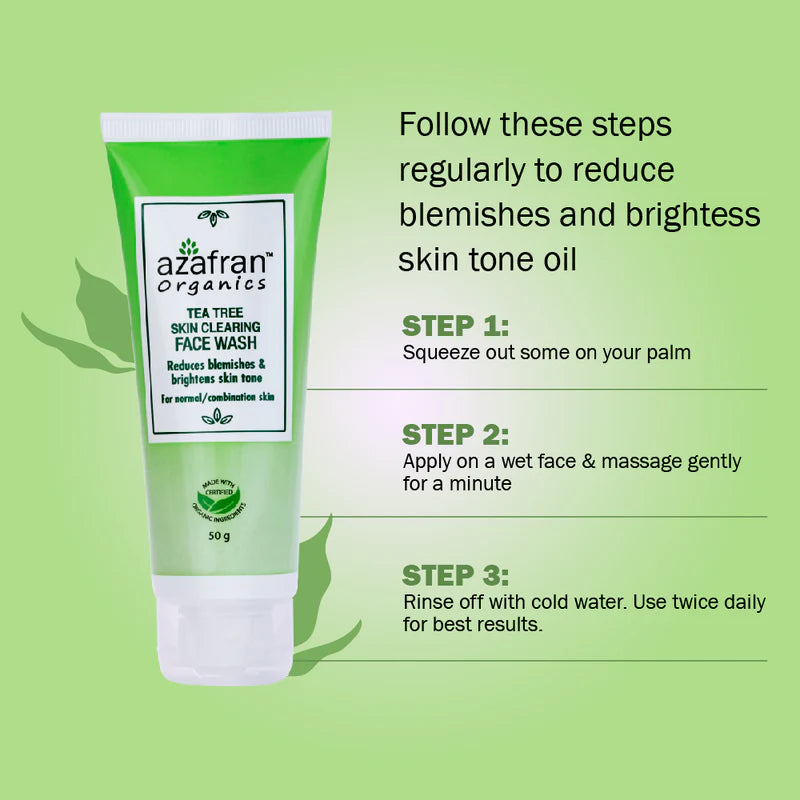 Face Wash | Tea Tree Skin Clearing Face Wash (Made With Certified Organic Ingredients) - Reduces Blemishes & Brightens Skin Tone - For Normal And Combination Skin - Vegan, Cruelty Free, Paraben Free & Sulphate Free - Azafran – 100gm